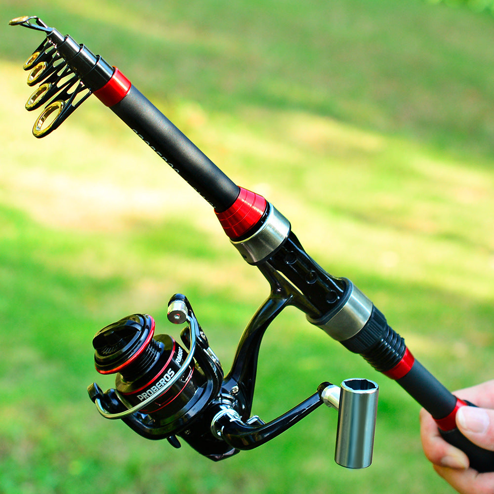 PROBEROS HWCSET101 Telescopic Rod 1.8m Carbon Pole Fishing Reel Lure Line Kit with Carrier Bag PROBEROS HWCSET101 Telescopic Rod 1.8m Carbon Pole Fishing Reel Lure Line Kit with Carrier Bag